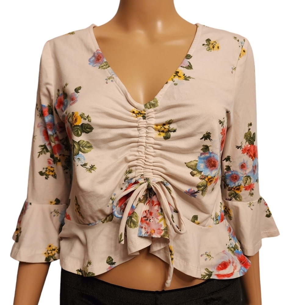 IRIS White Floral Crop Top With Flounce Sleeves Size M
